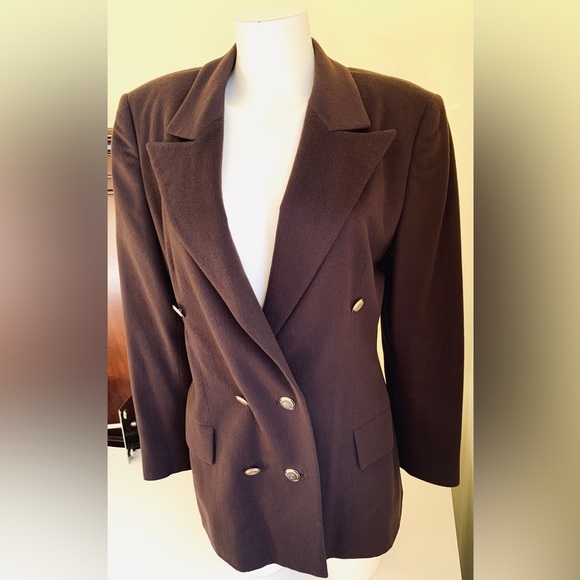 Dark chocolate brown wool blazer double breasted double collar gold buttons US 8 - Picture 6 of 16